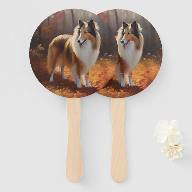 Éventail Rough Collie dans les feuilles d'automne qui tombe (Devant et derrière)