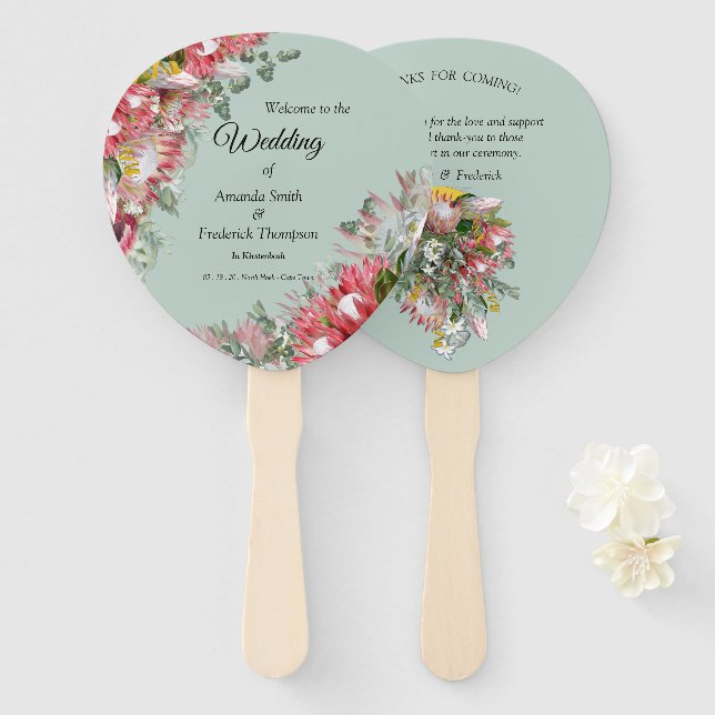 Éventail Ruban d'or et bouquets Fuchsia Protea (Devant et derrière)