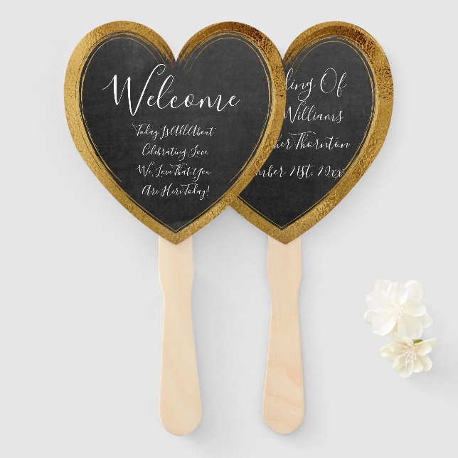 Éventail Rustic Chalkboard Faux Gold Mariage Heart Welcome (Devant et derrière)