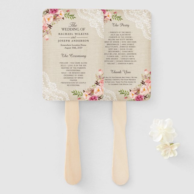 Éventail Rustic Country Floral Lace Burlap Programme de mar