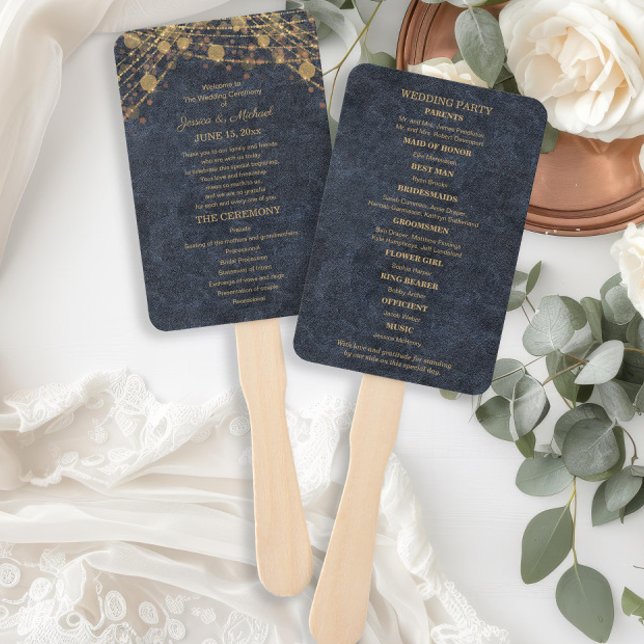 Éventail Rustic Glam Blue Gold Wedding Programme (Rustic glam navy blue and gold string lights wedding program hand fans printed on front and back)