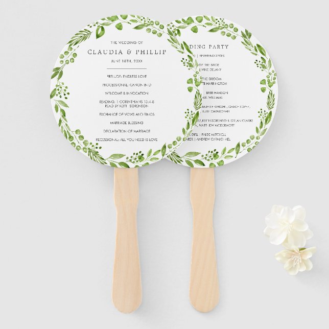 Éventail Rustic Green Olive Wreath Wedding Programme (Devant et derrière)