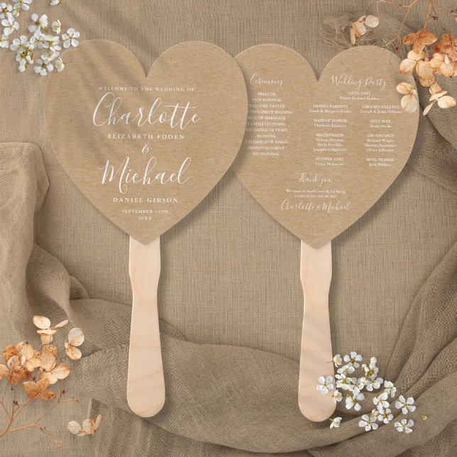 Éventail Rustic Kraft Script Programme de mariage Coeur (Rustic Kraft Script Wedding Program Heart Hand Fan)