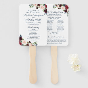 Éventail Rustic Navy Marsala Flower Wedding Programme Fans