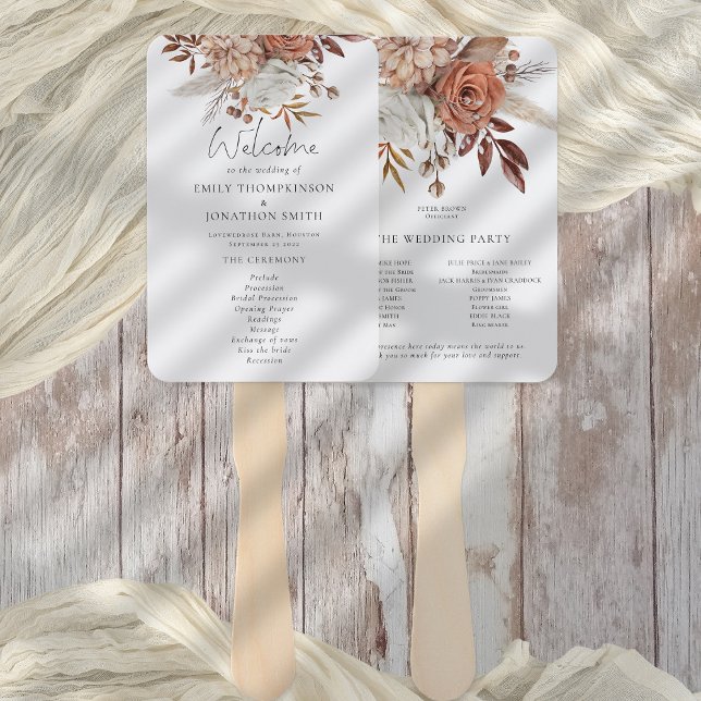 Éventail Rustic Terracotta Florals Programme Mariage de aut (Wedding program fan, front and back view. part of the Terracotta Florals Collection)
