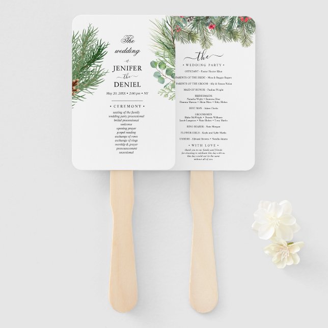 Éventail Rustic Winter Berry Pine Greenery Wedding (Devant et derrière)