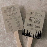 Éventail Rustic Woodsy Mountain Wedding Programme<br><div class="desc">Ces fans rustiques de mariage de montagne boisée sont parfaits pour un mariage de bois. Le design d'inspiration nature présente la silhouette d'une forêt de pins et de montagnes sur papier imitation kraft. Inclure le nom de la mariée et du marié, la date et le lieu du mariage, l'ordre de...</div>