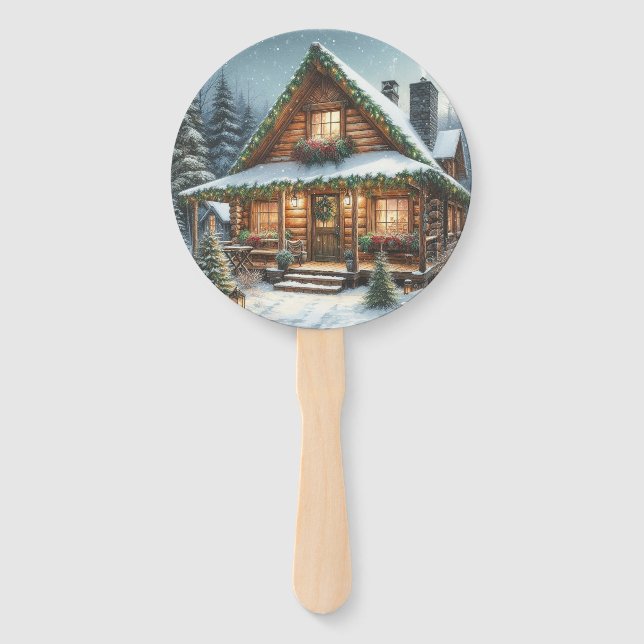 Éventail Rustique hiver/Noël cabine enneigé (Devant)