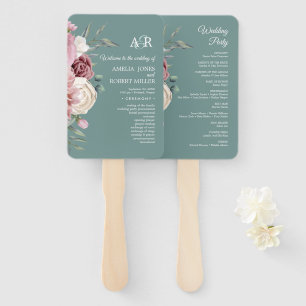 Éventail Sage Green Boho Rose Floral Wedding Programme