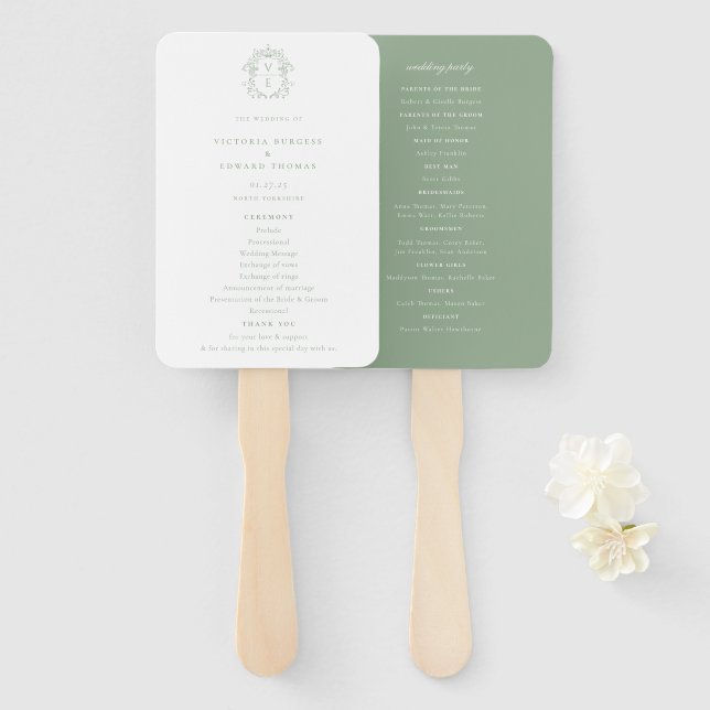 Éventail Sage Green Crest Monogramme Programme de mariage (Devant et derrière)