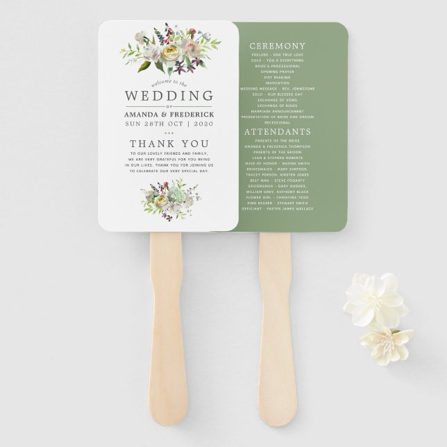 Éventail Sage Green et White Floral Wedding Programme (Devant et derrière)