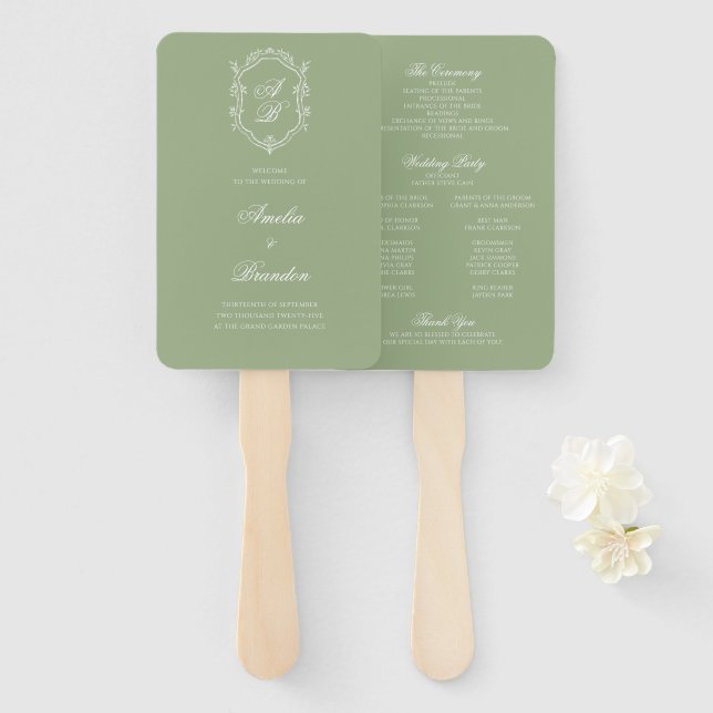 Éventail Sage Green & White Monogram Crest Wedding Program (Devant et derrière)