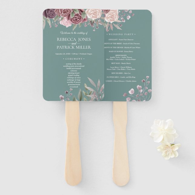 Éventail Sage Rustique Boho Dusty Rose Fleurs Mariage (Devant et derrière)