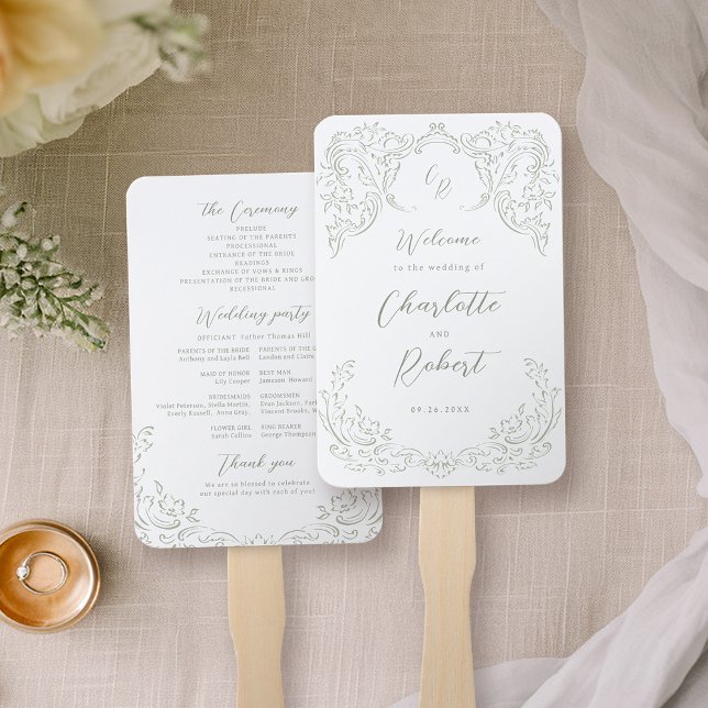 Éventail Sage Vintage Flourish Monogramme Programme de mari (Sage Green Vintage Flourish Monogram Wedding Program Hand Fan)