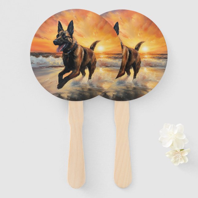 Éventail Sandy Paws Chien Malinois Belge sur le coucher du  (Devant et derrière)