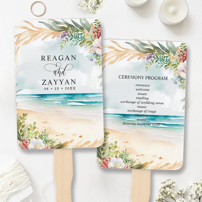 Éventail Scène de plage florale aquarelle pour mariage d'ét (Créateur téléchargé)