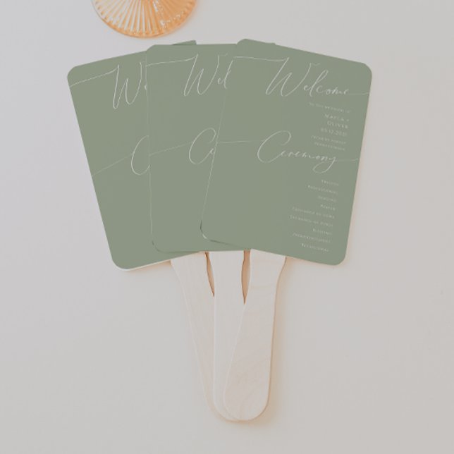 Éventail Script Whimsical | Programme de mariage vert Sage (Créateur téléchargé)