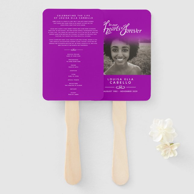 Éventail Service commémoratif de photographie coeurs mauve  (Devant et derrière)