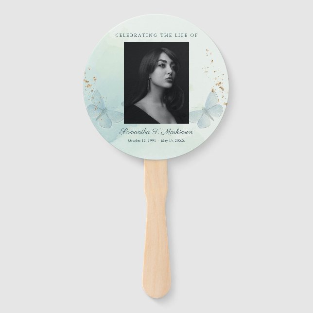 Éventail Services funéraires aux papillons d'aquarelle vert (Devant)