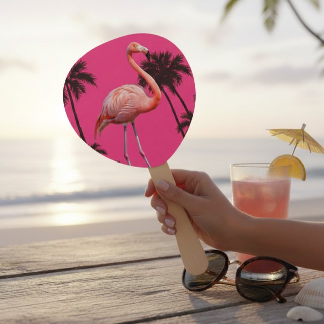 Éventail Set of 10 Pink Flamingo and Black Palm Fans  (Créateur téléchargé)