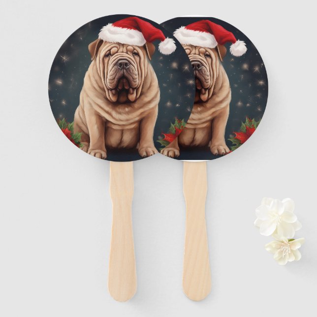 Éventail Shar Pei Chien dans Noël de neige (Devant et derrière)