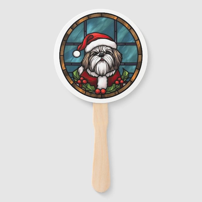 Éventail Shih Tzu Vitrail de Noël (Devant)
