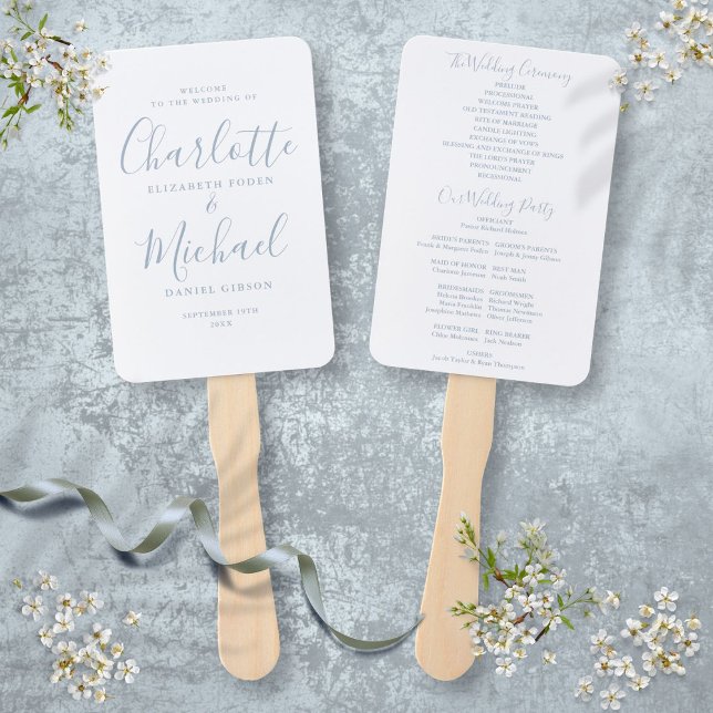 Éventail Signature Script Dusty Blue Wedding Programme (Signature Script Dusty Blue Wedding Program Hand Fan)