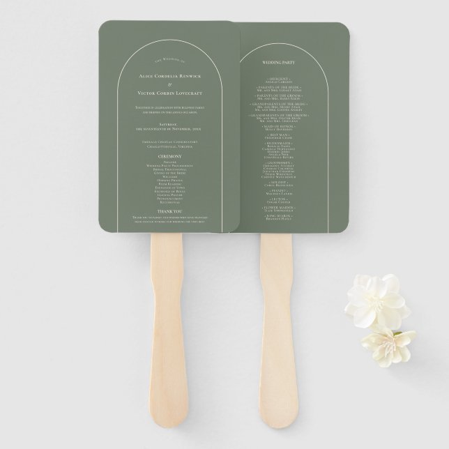 Éventail Simple Boho Arch Sage Green Wedding Programme (Devant et derrière)