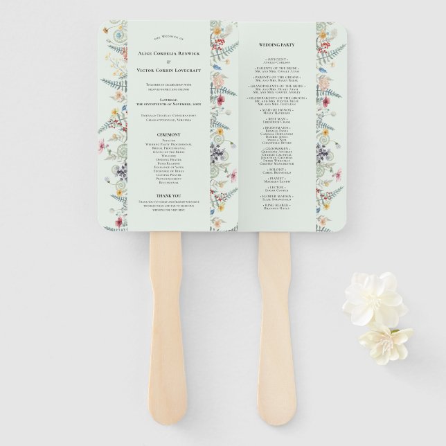 Éventail Simple Fleur sauvage Fern Mint Green Wedding Progr (Devant et derrière)