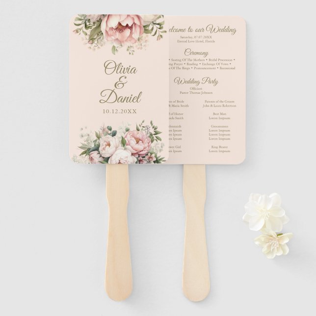 Éventail Soft Peach et Blush Floral Wedding Program (Devant et derrière)