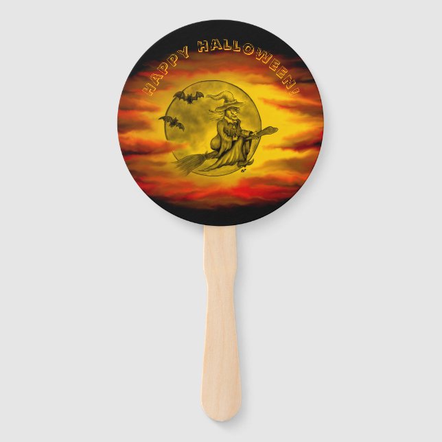 Éventail Sorcière volante avec chat noir, nuit halloween (Devant)