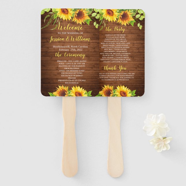 Éventail Sunflower de bois Programme de mariage rustique de (Devant et derrière)