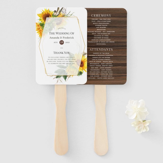 Éventail Sunflower Rustic Programme de mariage géométrique (Devant et derrière)
