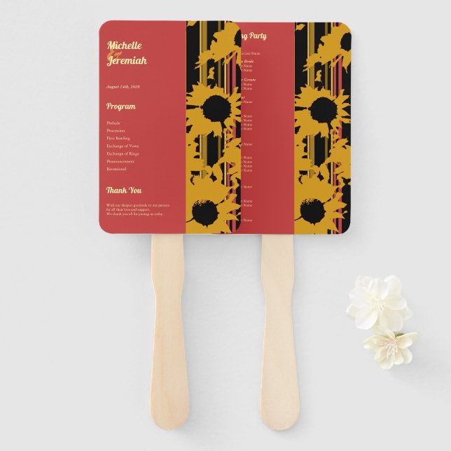 Éventail Sunflower Sunset Coral Gold Modern Wedding (Devant et derrière)