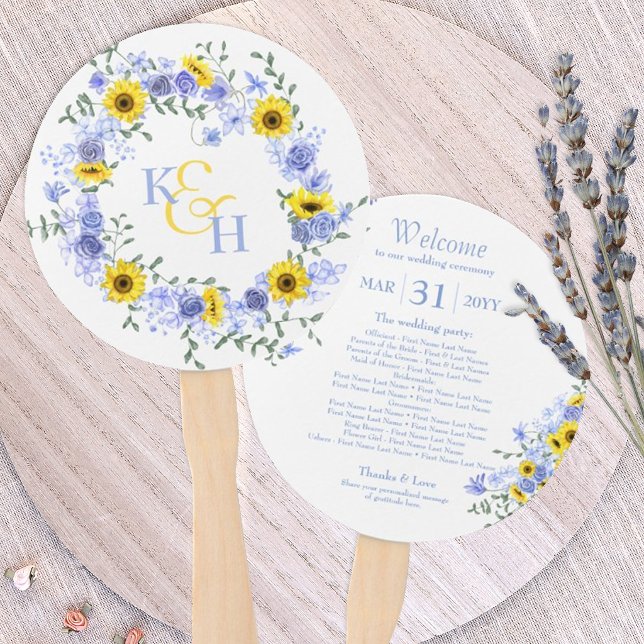 Éventail Sunflowers Dusty Blue Roses Wedding Wreath (sunflower dusty blue wedding hand fans, sunflowers light blue roses paper fans favors)
