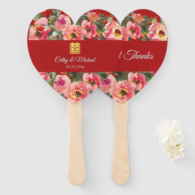 Éventail Symbole de double bonheur sur fond de fleurs roses (Devant et derrière)