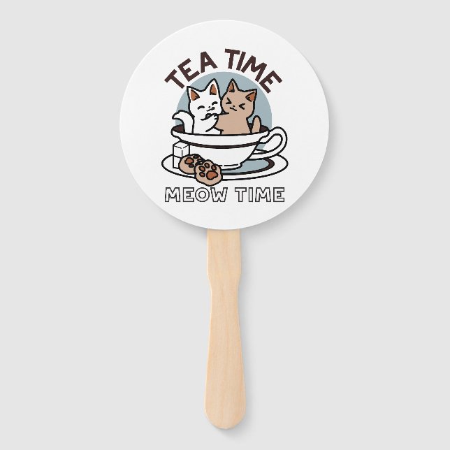 Éventail Tea Time Meow Time - Cute Cat and Tea Design (Devant)