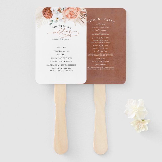 Éventail Terracotta Floral Wedding Programme (Devant et derrière)