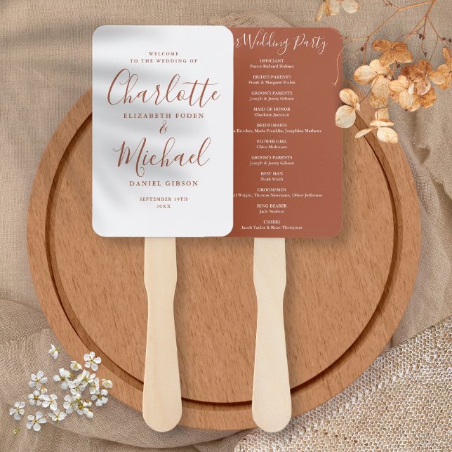 Éventail Terracotta Signature Script Programme de mariage (Terracotta Signature Script Wedding Program Hand Fan)
