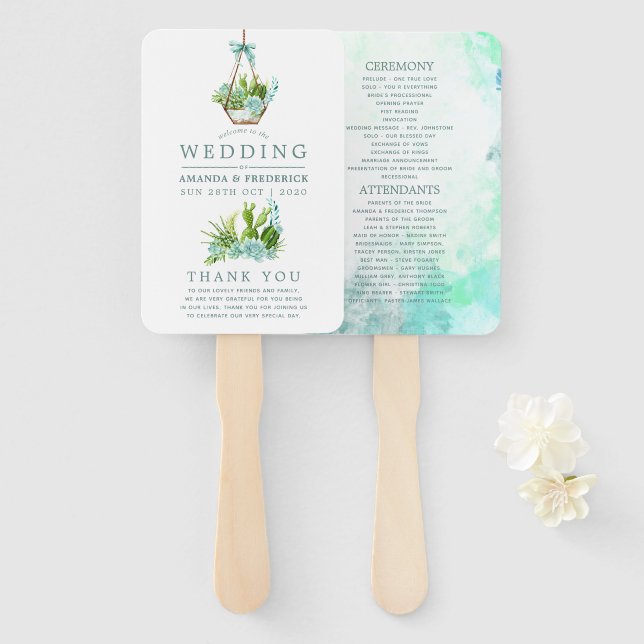 Éventail Terrarium de verre à l'aquarelle Succulents Mariag (Devant et derrière)