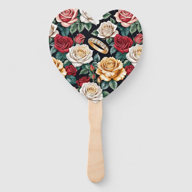 Éventail Thème de mariage avec des roses et des alliances (Devant)