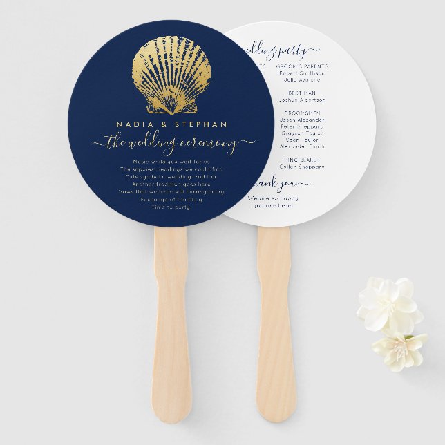 Éventail Thème nautique Mariage Seashell Gold Marine Blue (Devant et derrière)