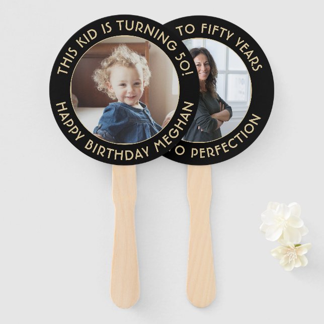 Éventail TOUT Anniversaire 2 Photos Élégant Noir et Or Rond (Devant et derrière)