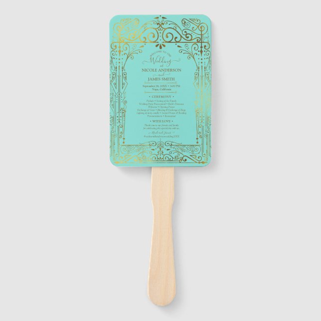 Éventail Turquoise Gold Deco Chic Glam Wedding Programme (Devant)