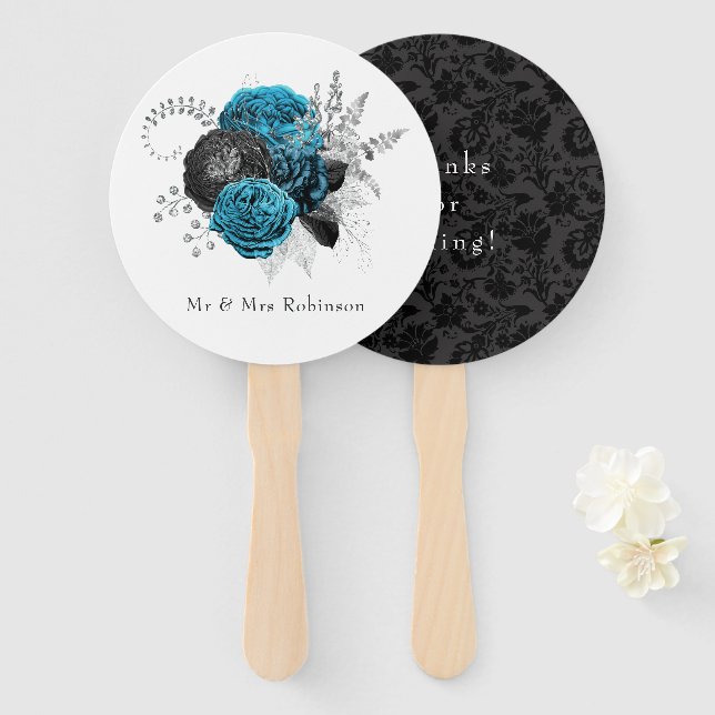 Éventail Turquoise - Sarcelle Mariage Floral Noir et Argent (Devant et derrière)