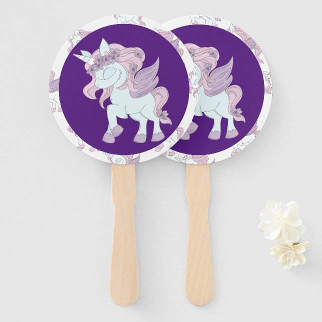 Éventail Unicornes pastel violet et blanches (Devant et derrière)