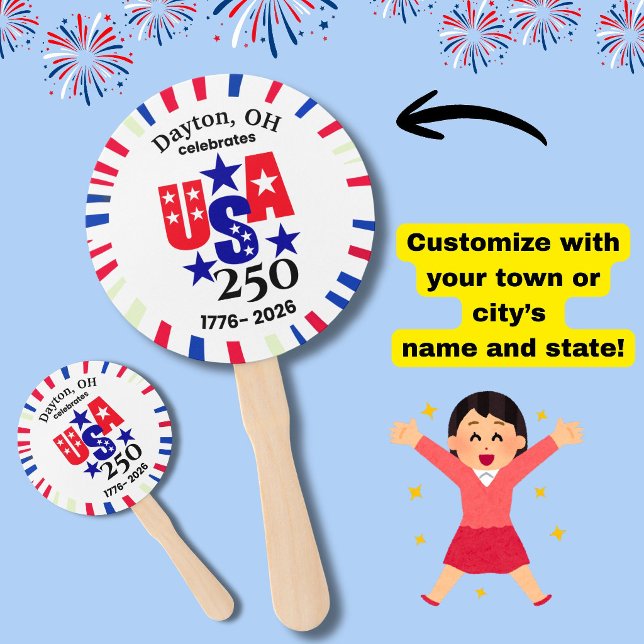 Éventail USA 250 Custom Town State Patriotic Red White Blue (Celebrate USA's 250th birthday on July 4th with these patriotic custom town/state name hand fans!)
