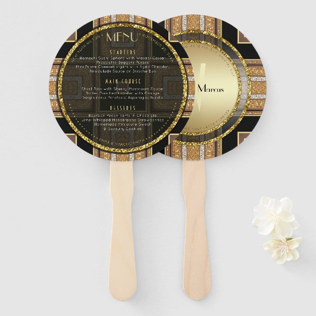 Éventail V1 Art Déco Menu Rond de Mariage en Or (Devant et derrière)