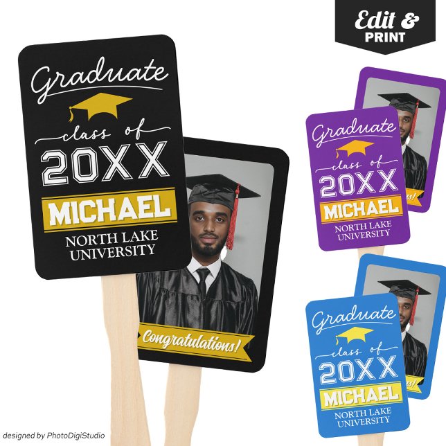 Éventail Ventilateur à main avec nom et école (Editable Graduation Hand Fan with Name & School, Custom Black Gold Hand Fan for Graduation Ceremony )