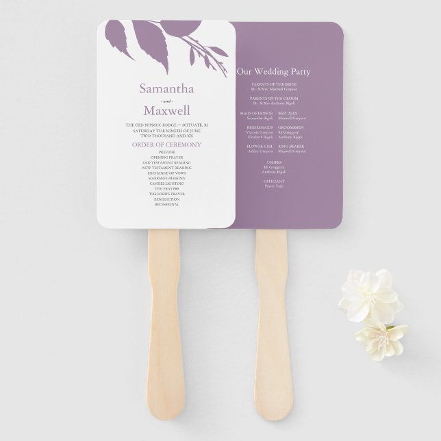 Éventail Ventilateur à main Feuille violet Mariage moderne (Devant et derrière)